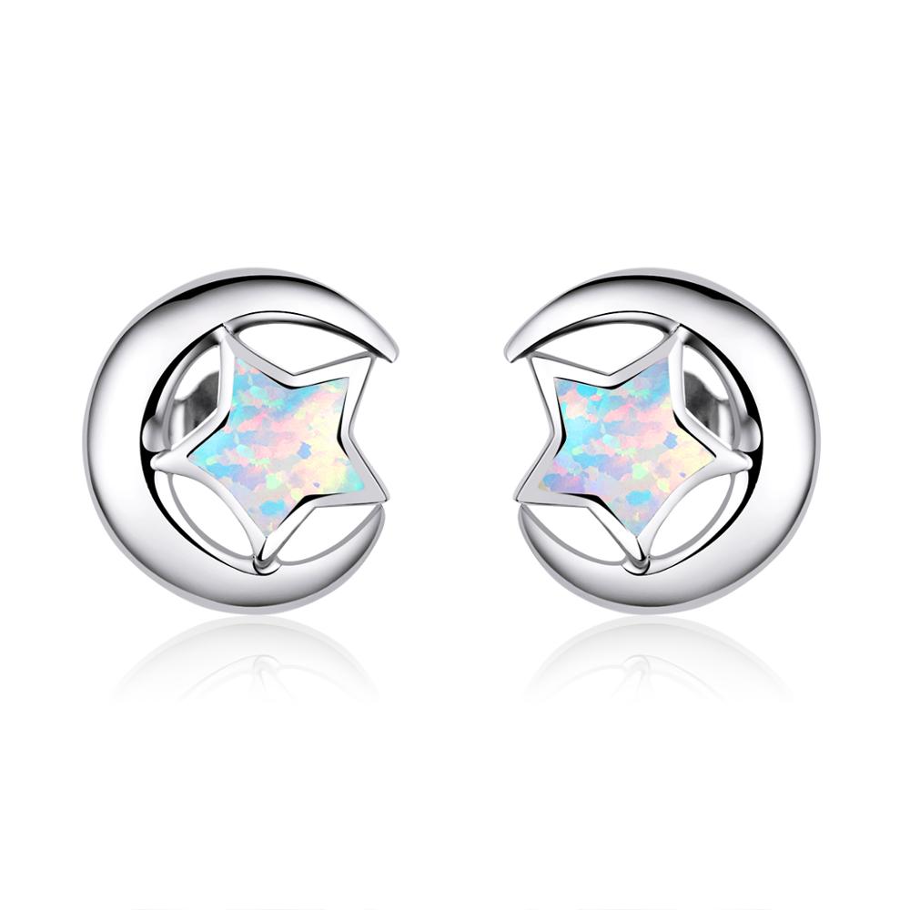 Sterling Silver Opal Moon & Star Hypoallergenic Stud Earrings